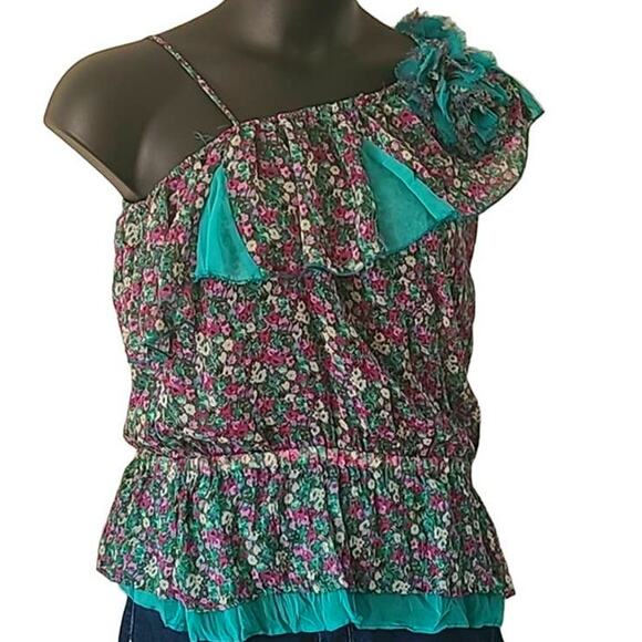 Excellent Lulumari Women’s Asymmetrical Ruffle Short Sleeve Blouse Size Large - Picture 5 of 11